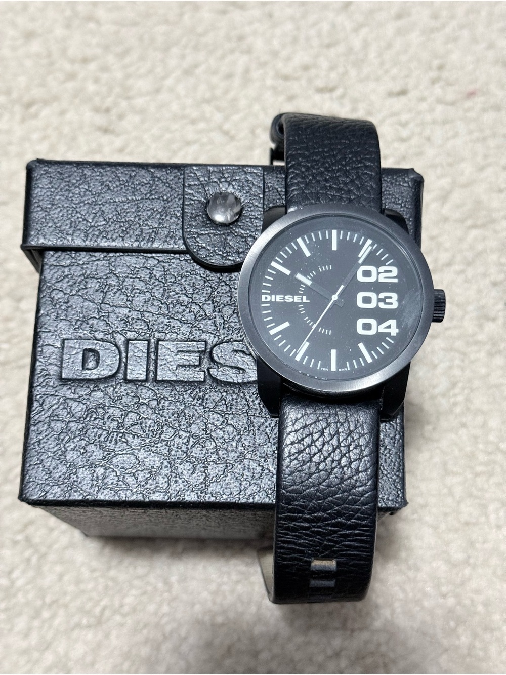 Diesel Black Men's Leather Strap Watch with Bold Numeric Dial